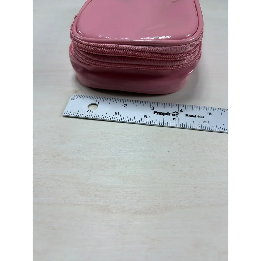 Pink Patent Double Layer Makeup Bag Travel Cosmetic Case with Gold Bow Accent
